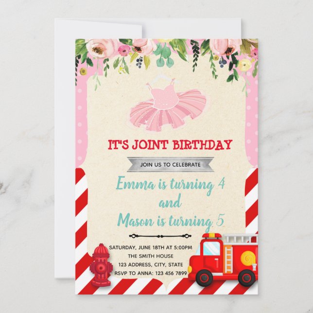 Tutu and firetruck joint party invitation (Front)