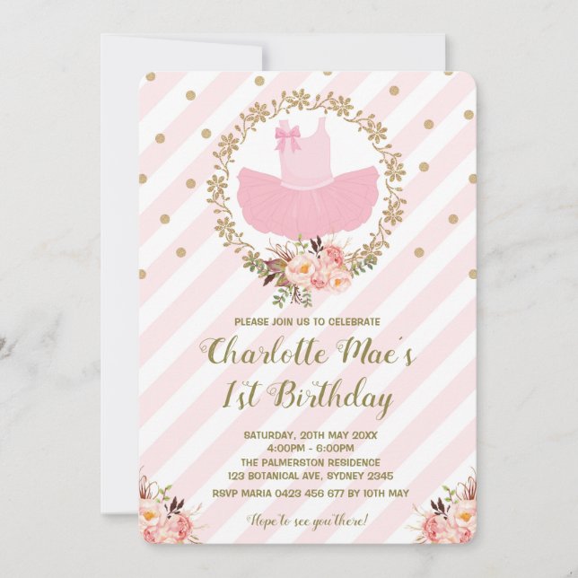 Tutu Ballerina Ballet Birthday Invite Pink & Gold (Front)