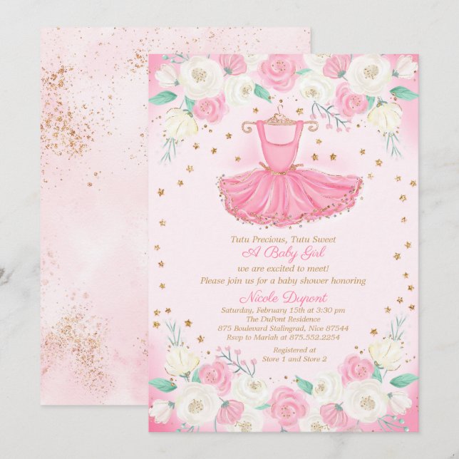 Tutu Ballerina Dress Glitter Baby Shower Invitation (Front/Back)