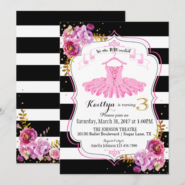 Tutu Ballerina Floral Sparkle Third Birthday Invitation (Front/Back)