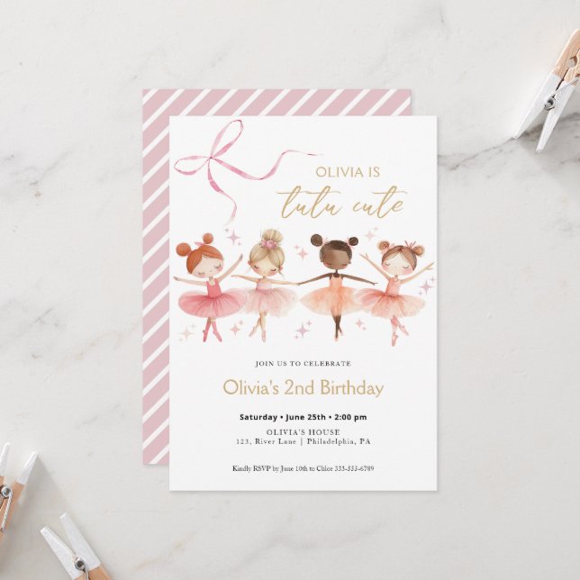 Tutu Cute Anniversaire Ballerina Invitation (Devant/Arrière en situation)