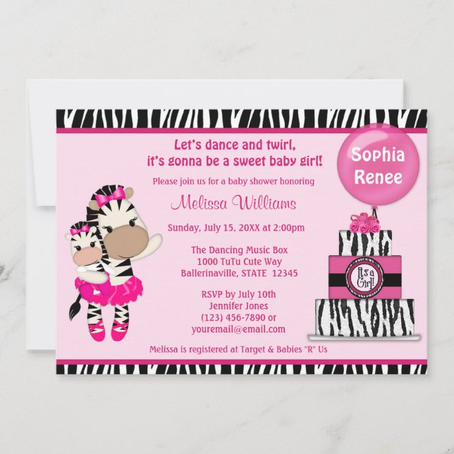 TuTu Cute Baby Shower invitation ZEBRA GIRL Mommy (Front)