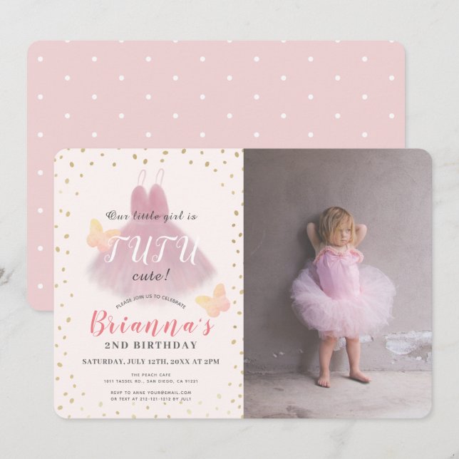 Tutu Cute Ballerina Pink & Gold Photo 2nd Birthday Invitation (Front/Back)