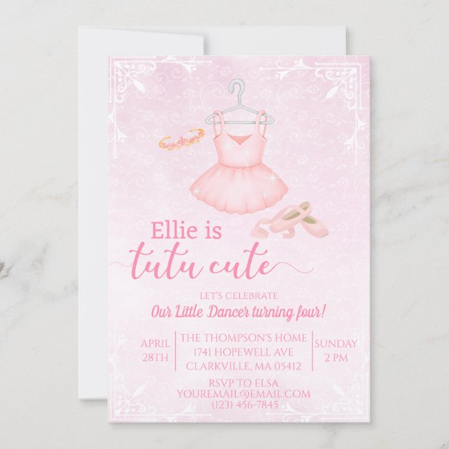 tutu cute pink ballerina watercolor invitation (Front)