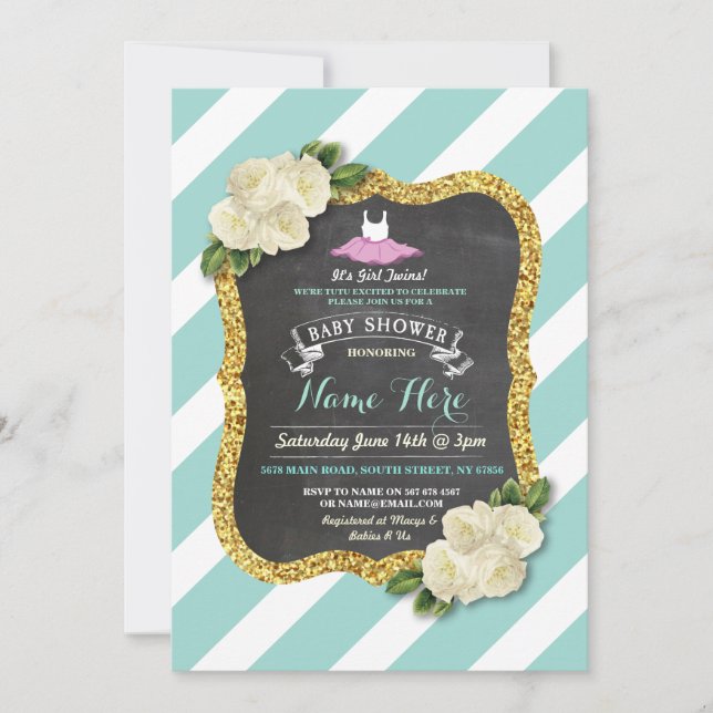 Tutu Mint Gold Glitter Ballet Baby Shower Invite (Front)