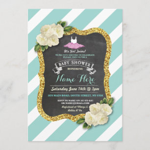 Tutu Mint Gold Glitter Ballet Baby Shower Invite