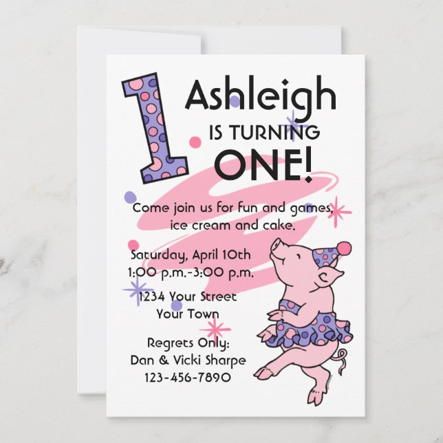 Tutu Piggy 1st Birthday Custom Invitations (Front)