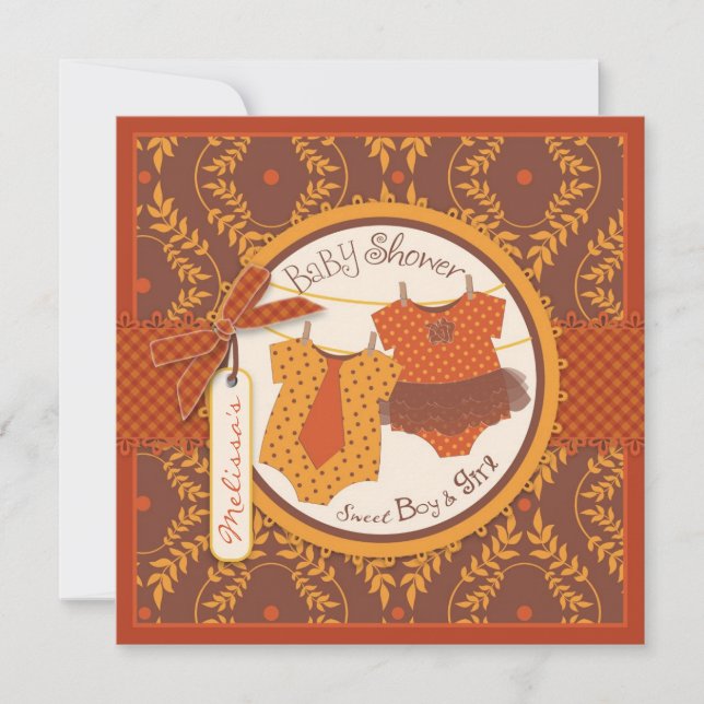 Tutu & Tie & Autumn Damask Vine Twins Baby Shower Invitation (Front)