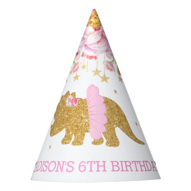 Tutu Triceratop Dinosaur Pink Floral Gold Birthday Party Hat (Front)