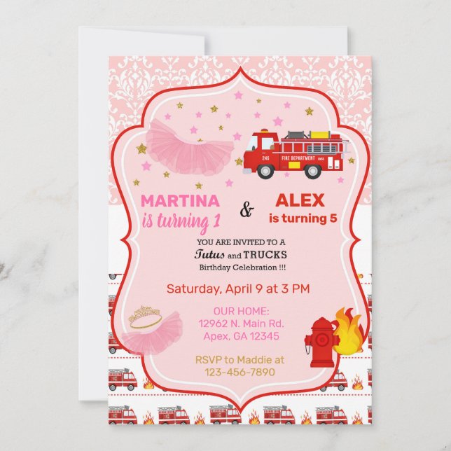 Tutus and firetrucks siblings birthday invite. invitation (Front)