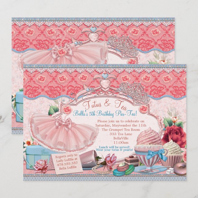 Tutus and Tea Party Girls Dress Up Invitation (Front/Back)