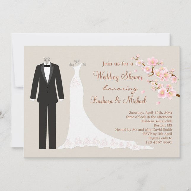 Tux & Gown, cherry blossom Couple's Bridal Shower Invitation (Front)