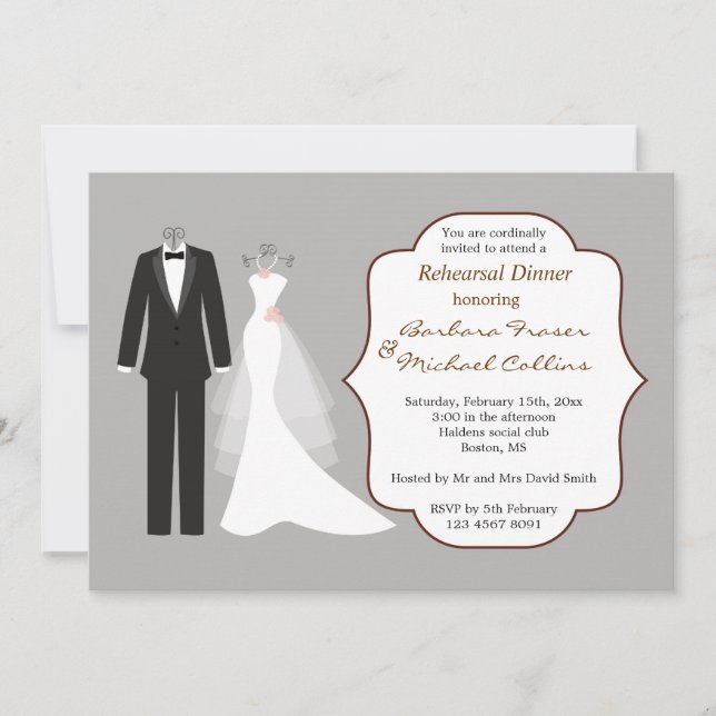 Tuxedo and gown Rehearsal Dinner Invitation (Front)