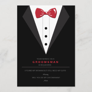 Tuxedo and Red Bow Tie Groomsman Request Card