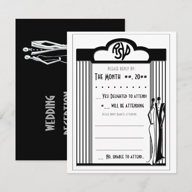 Tuxedo - Art Deco - Black on White RSVP Card (Front/Back)