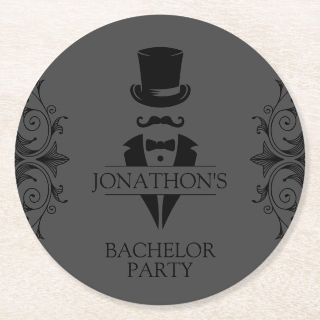 Tuxedo Bachelor Party Grey Round Paper Coaster (Front)