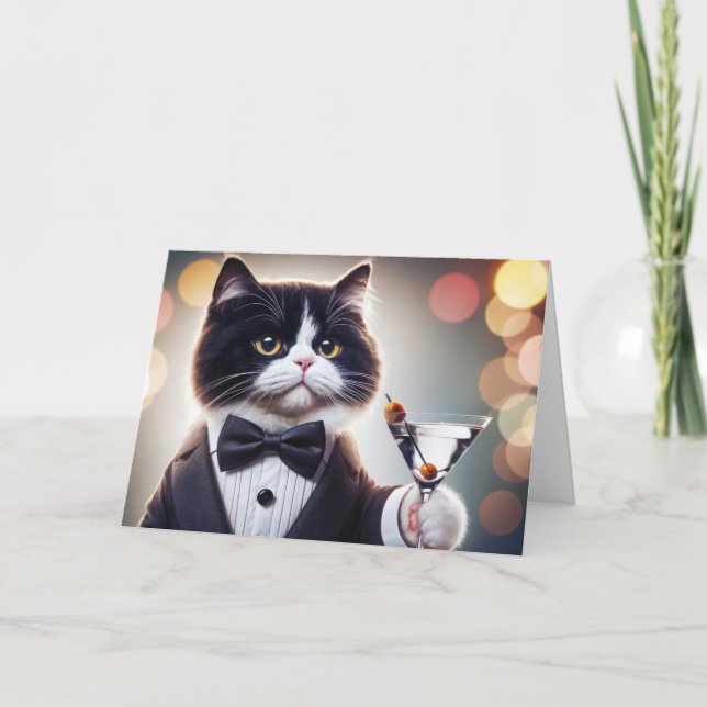 Tuxedo Birthday Cat With Martini Cocktail Card (Front)