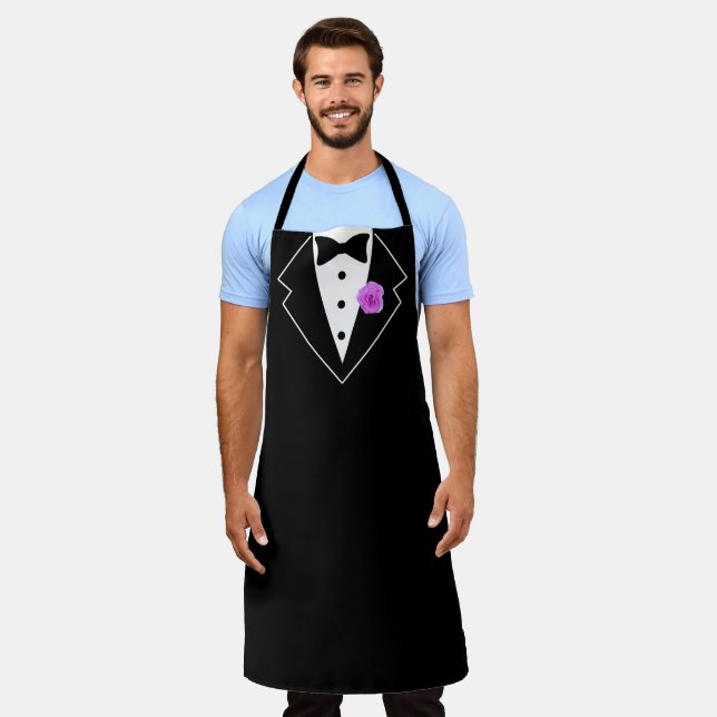 Tuxedo Black and White with Purple Flower in Lapel Apron (Worn)