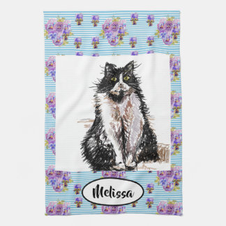 Tuxedo Black White Cat art Floral Ladies Name   Kitchen Towel