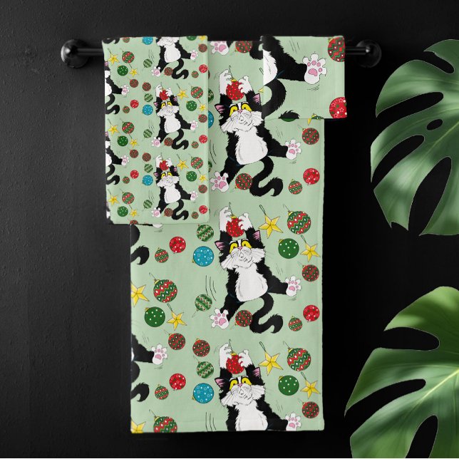 Tuxedo Black White Christmas Cat Bath Towel Set (Creator Uploaded)