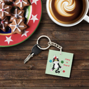 Tuxedo Black White Christmas Cat Keychain