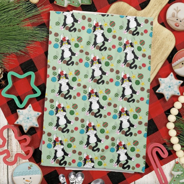Tuxedo Black White Christmas Cat Kitchen Towel (Creator Uploaded)