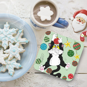 Tuxedo Black White Christmas Cat Square Paper Coaster