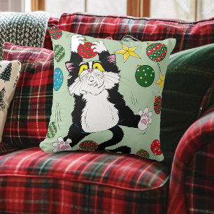 Tuxedo Black White Christmas Cat Throw Pillow