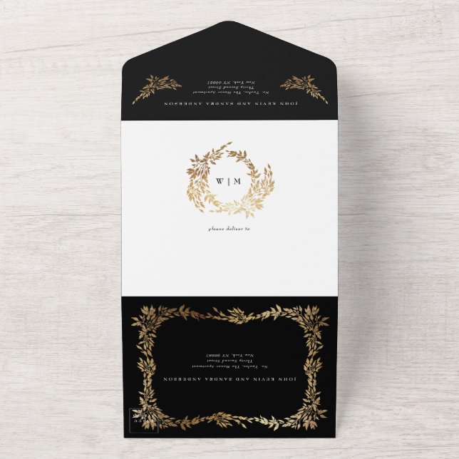 Tuxedo Black White Gold Botanical Classic Wedding All In One Invitation (Outside)