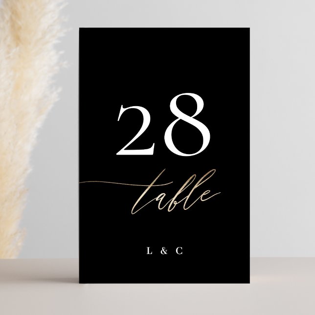Tuxedo Black Yellow Gold Calligraphy Mod Wedding Table Number (Creator Uploaded)