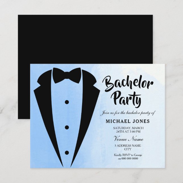 Tuxedo Blue Bow Tie Bachelor Party Invite (Front/Back)