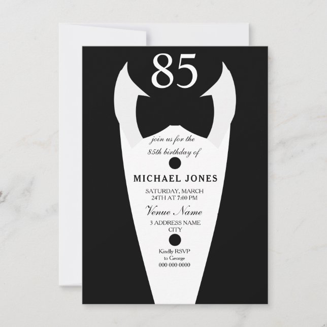 Tuxedo Bow Tie Mens 85th Birthday Party Invite (Front)