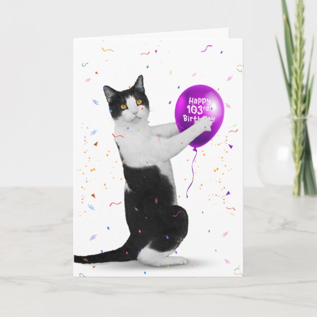 Tuxedo Cat 103rd Birthday Balloon   Card (Front)