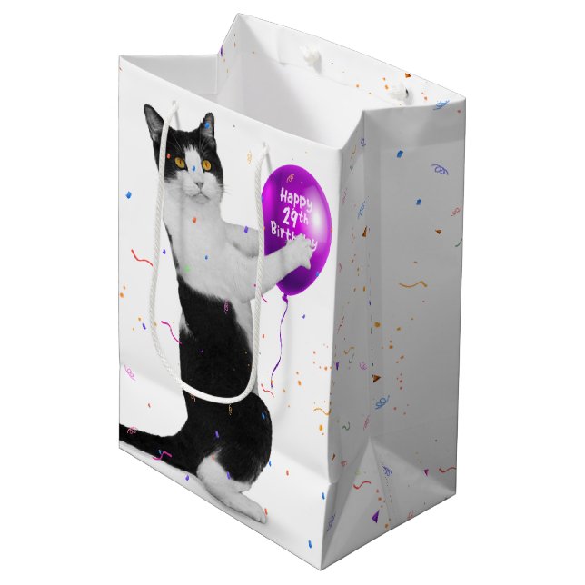 Tuxedo Cat and 29th Birthday Balloon Medium Gift Bag (Front Angled)