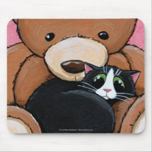 Tuxedo Cat and Big Teddy Bear Cat Art Mousepad