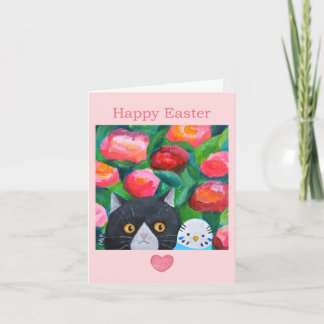 Tuxedo Cat and Blue Budge Unique Folk Art Easter Card