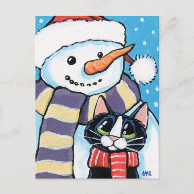 Tuxedo Cat and Carrot Nose Snowman Painting Holiday Postcard (Front)