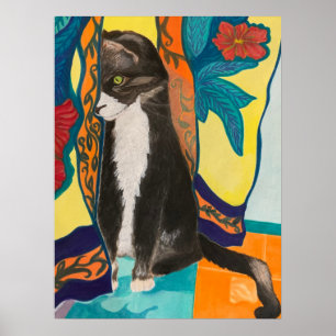 Tuxedo Cat and Embroidered Curtains Poster