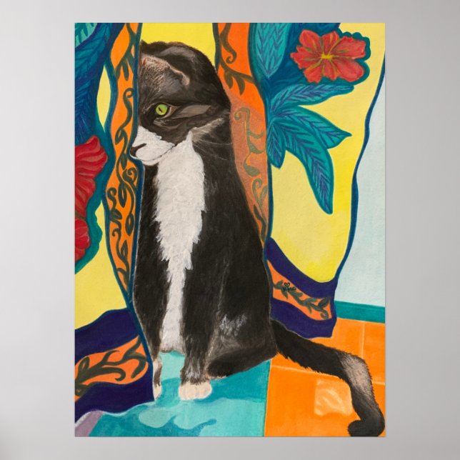 Tuxedo Cat and Embroidered Curtains Poster (Front)