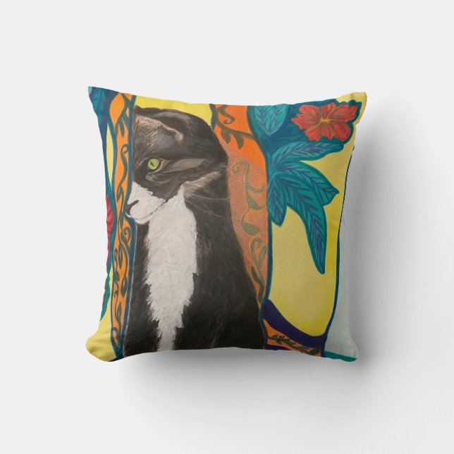Tuxedo Cat and Embroidered Window Curtains Throw Pillow (Front)
