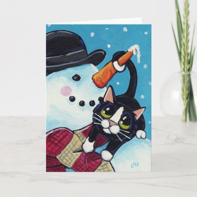 Tuxedo Cat and Gentleman Snowman Christmas Card (Front)