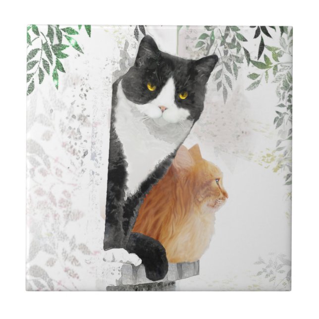 Tuxedo Cat and Ginger Cat Hanging Out Ceramic Tile (Front)