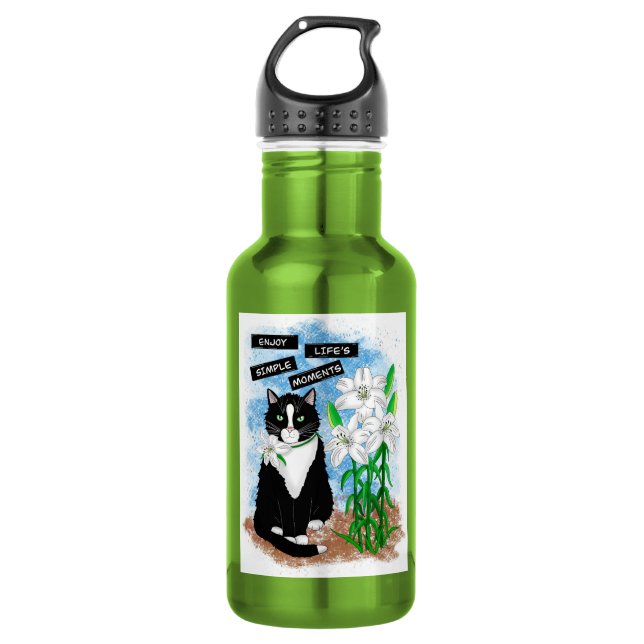 Tuxedo Cat and Lilies | Inspirational Quote 532 Ml Water Bottle (Front)
