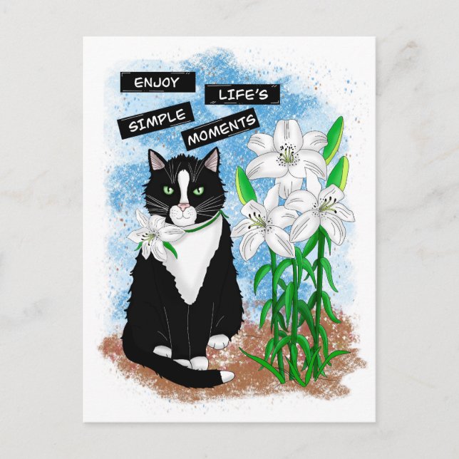 Tuxedo Cat and Lilies | Inspirational Quote Postcard (Front)