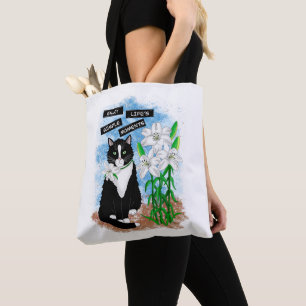 Tuxedo Cat and Lilies Inspirational Quote Tote Bag