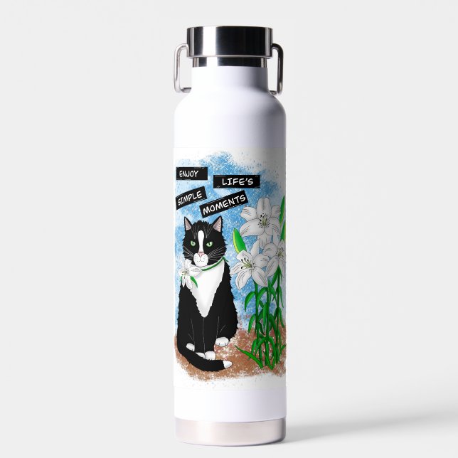 Tuxedo Cat and Lilies | Inspirational Quote Water Bottle (Front)