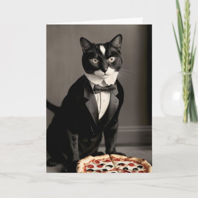 tuxedo cat and pizza card (Front)