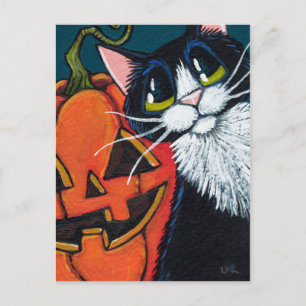 Tuxedo Cat and Smiling Pumpkin Lantern Postcard