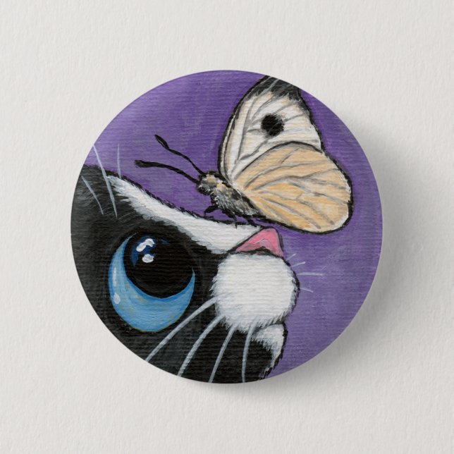 Tuxedo Cat and White Butterfly Painting 2 Inch Round Button (Front)