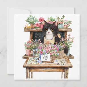 Tuxedo cat arranging flower Mother;s Day Holiday Card